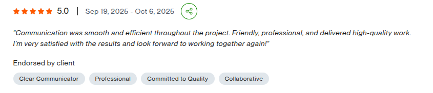 Upwork review screenshot from Wendy